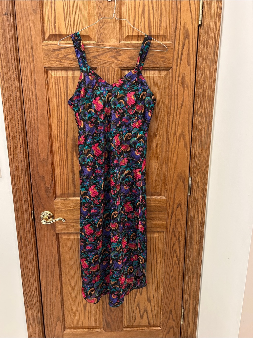 Vintage 80s slip Floral Midi Dress in Black with Pink & Teal Ac